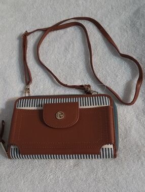 Spartina Brown Striped Crossbody Wallet Bag Leather, Change Pocket,